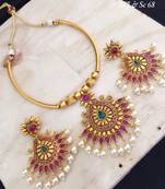 Maroon Green stone studded short necklace set