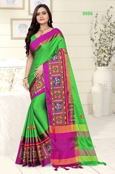 Green embroidered cotton silk saree with blouse