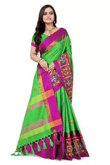 Green embroidered cotton silk saree with blouse