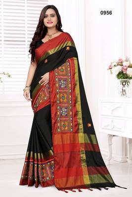 Black embroidered cotton silk saree with blouse 1