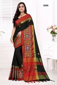 Black embroidered cotton silk saree with blouse