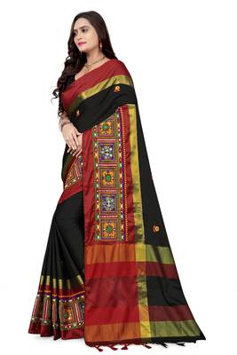 Black embroidered cotton silk saree with blouse 2