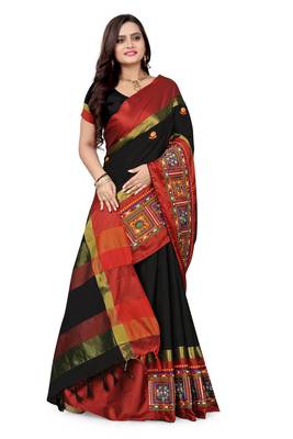 Black embroidered cotton silk saree with blouse 3
