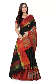 Black embroidered cotton silk saree with blouse