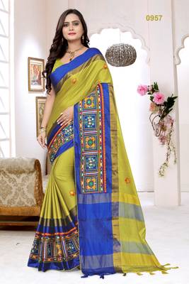 Yellow embroidered cotton silk saree with blouse 1