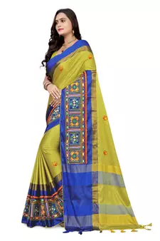 Yellow embroidered cotton silk saree with blouse