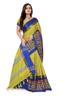 Yellow embroidered cotton silk saree with blouse 3