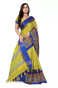 Yellow embroidered cotton silk saree with blouse