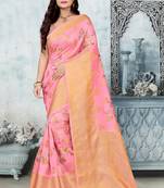 Pink printed Banarasi silk blend Saree with blouse