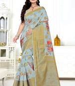 Grey printed banarasi silk saree with blouse