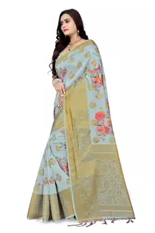 Grey printed banarasi silk saree with blouse