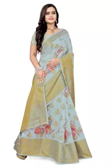 Grey printed banarasi silk saree with blouse