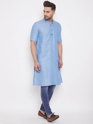 Blue woven cotton men-kurtas 3