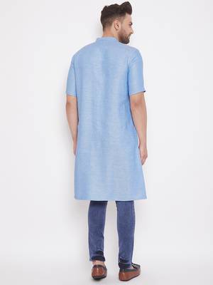 Blue woven cotton men-kurtas 4