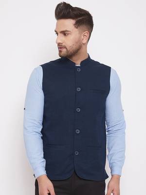 Blue_x000D_
 plain linen nehru jacket 1