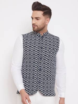 Blue woven poly cotton nehru jacket 1
