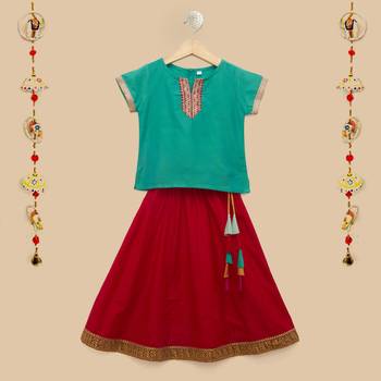The Magic Wand Baby Girls Ethnic Wear Cap Sleeve Lace Embellished Festive Choli with Lehenga in Teal and Red Color 1