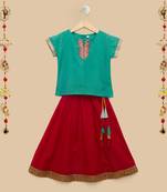 The Magic Wand Baby Girls Ethnic Wear Cap Sleeve Lace Embellished Festive Choli with Lehenga in Teal and Red Color