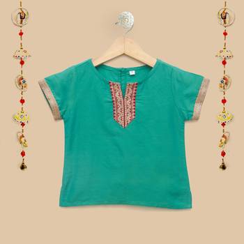 The Magic Wand Baby Girls Ethnic Wear Cap Sleeve Lace Embellished Festive Choli with Lehenga in Teal and Red Color 2