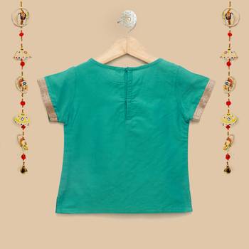 The Magic Wand Baby Girls Ethnic Wear Cap Sleeve Lace Embellished Festive Choli with Lehenga in Teal and Red Color 3