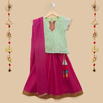 The Magic Wand Cap Sleeve Gold Chex Lace Embellished Choli with Lehenga & Dupatta in Mint and Fuchsia Color For Girls 1