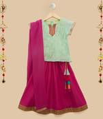The Magic Wand Cap Sleeve Gold Chex Lace Embellished Choli with Lehenga & Dupatta in Mint and Fuchsia Color For Girls