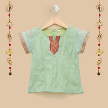 The Magic Wand Cap Sleeve Gold Chex Lace Embellished Choli with Lehenga & Dupatta in Mint and Fuchsia Color For Girls 2