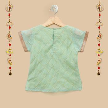 The Magic Wand Cap Sleeve Gold Chex Lace Embellished Choli with Lehenga & Dupatta in Mint and Fuchsia Color For Girls 3
