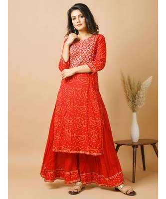 Women's  Cotton Embroidery and Bandhani Printed Kurti Palazzo Set 1