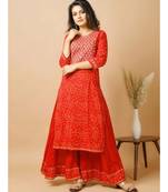 Women's  Cotton Embroidery and Bandhani Printed Kurti Palazzo Set