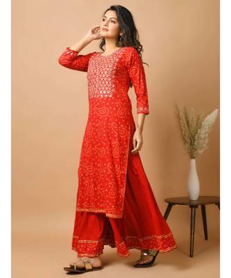 Women's  Cotton Embroidery and Bandhani Printed Kurti Palazzo Set 2