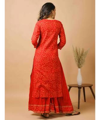 Women's  Cotton Embroidery and Bandhani Printed Kurti Palazzo Set 3