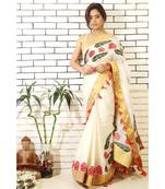 Kerala Kasav Cotton Saree with Hand Block Printed Rose and Leaf Motifs and Organza Cone Tasels at the Border.