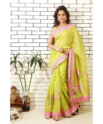 green chanderi hand painted saree with hand block printed blouse piece 1