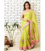 green chanderi hand painted saree with hand block printed blouse piece