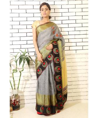 grey linnen saree with hand embroidered applique jhumkis on shoulder and brocade border and brocade blouse piece 1