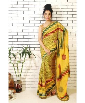 mustard georgette hand block printed and embroidered saree with printed blouse piece 1