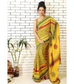 mustard georgette hand block printed and embroidered saree with printed blouse piece