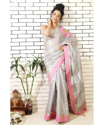 Grey Linen Cold Shoulder Saree with Pink Brocade Applique work on the shoulder and Pink Border with a Blouse Piece. 1