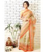 Beige tissue organza saree with hand block print and embroidery with block printed blouse piece