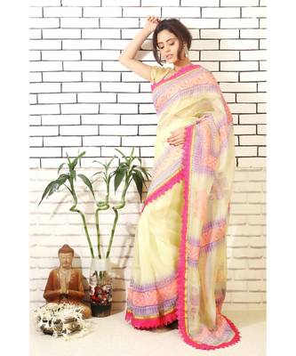 lemon tissue organza saree with hand block print and embroidery with block printed blouse piece 1