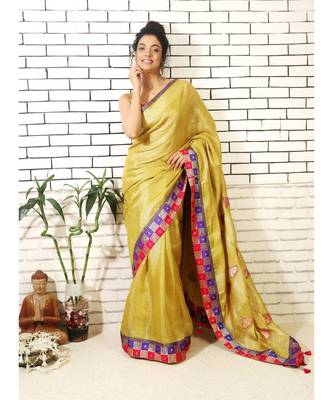 gold linnen tissue saree with applique work on pallu and brocade border and brocade blouse piece 1