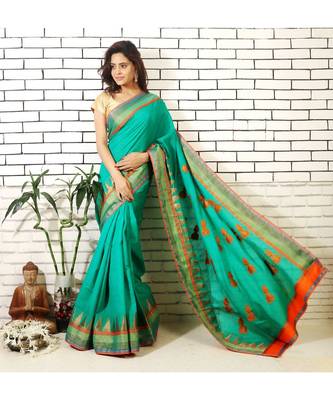 green bhagalpuri silk saree with jhumki applique and embroidered blouse piece 1