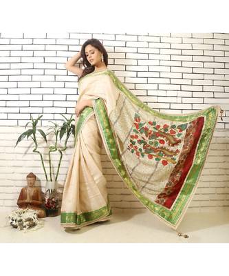 tussar saree with madhubani painting and hand embroidery on pallu and brocade blouse piece 1