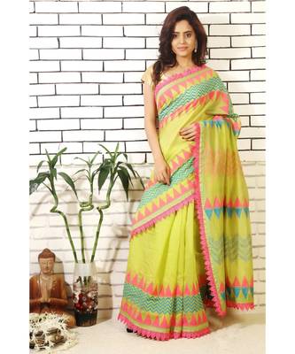 green chanderi block printed and embroiidered saree with blouse piece 1