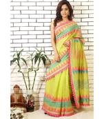 green chanderi block printed and embroiidered saree with blouse piece