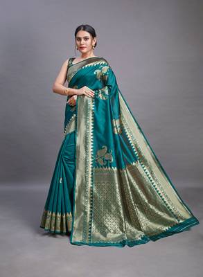 Green Color Designer Banarasi Silk Saree With Blouse Piece 2