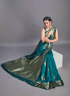 Green Color Designer Banarasi Silk Saree With Blouse Piece 3