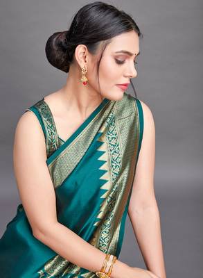 Green Color Designer Banarasi Silk Saree With Blouse Piece 4