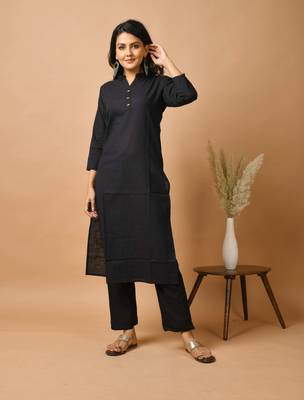 KAAJH Black Solid Cotton Casual Kurta Pant Set 1